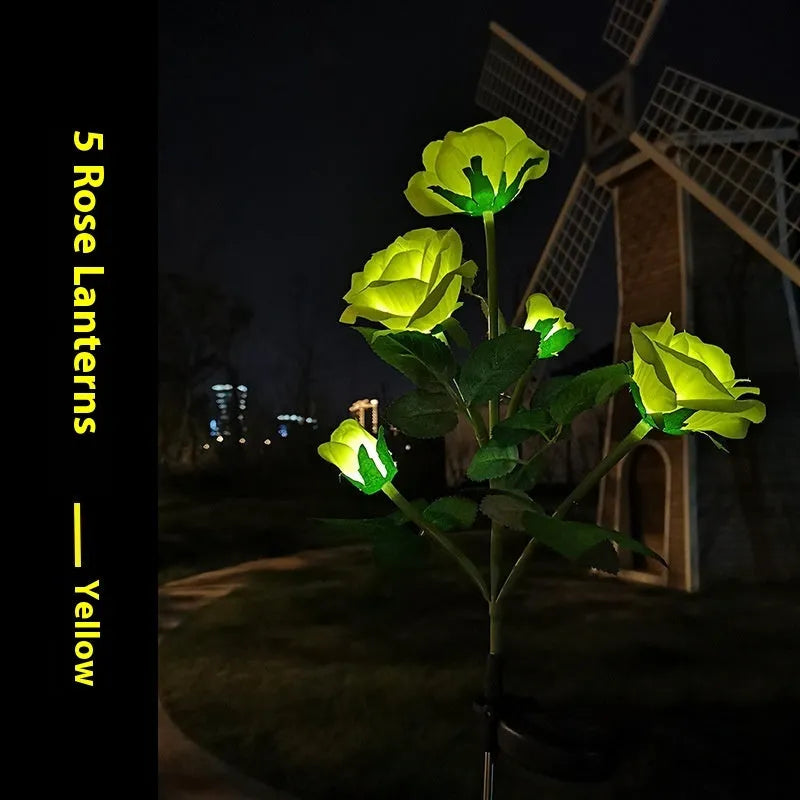 Colourful solar-powered LED lawn lamp in a flower shape for garden decoration.