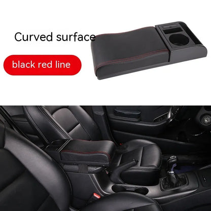 Universal plastic car armrest cover showing height increase with PU leather and carbon fibre surface options
