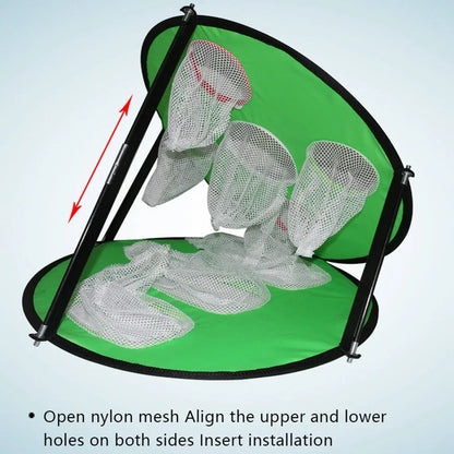 Green folding golf practice net measuring 57cm wide by 50cm high with fiberglass frame