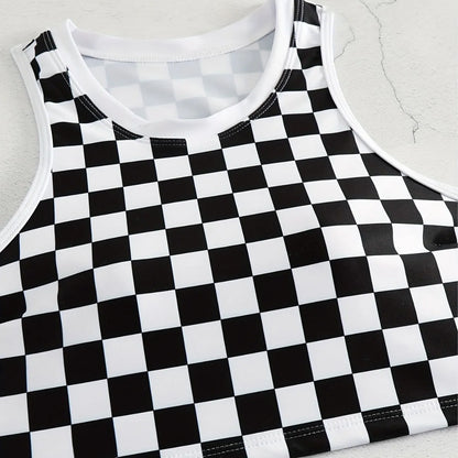Women's checkerboard print backless one-piece swimsuit with suspender straps for swimming.