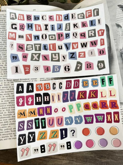 English letters and numbers symbol label stickers set showing alphabet collections and week words for organisation