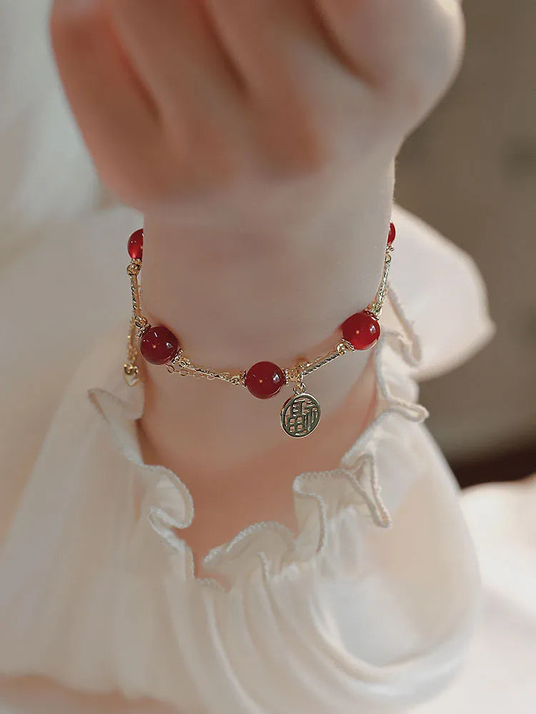 Red agate blessing card and horse charm double layer bracelet in gift box