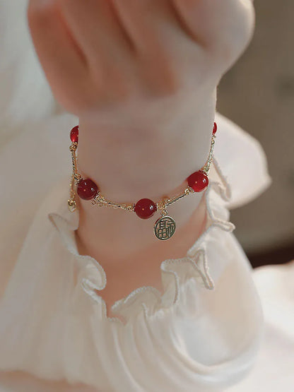 Red agate blessing card and horse charm double layer bracelet in gift box