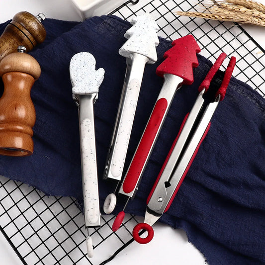 Christmas-themed silicone kitchen tongs with locking clip for bread and BBQ