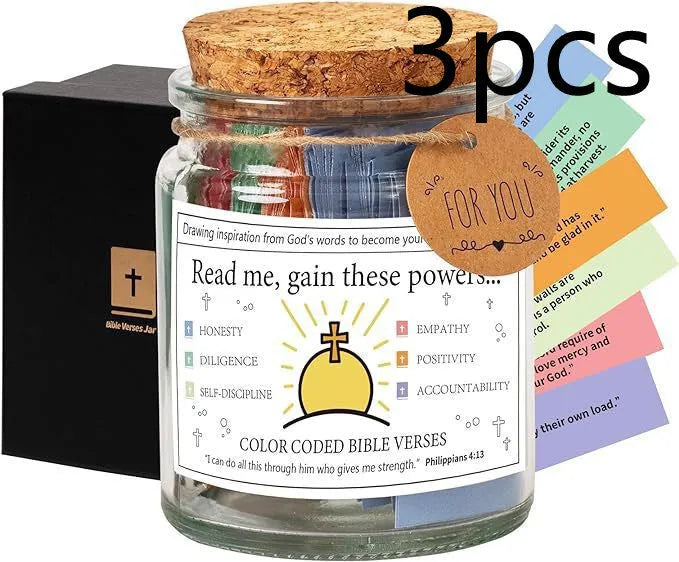 Glass Bible verses jar with cartoon design containing 90 rolled scripture papers in multiple colour options
