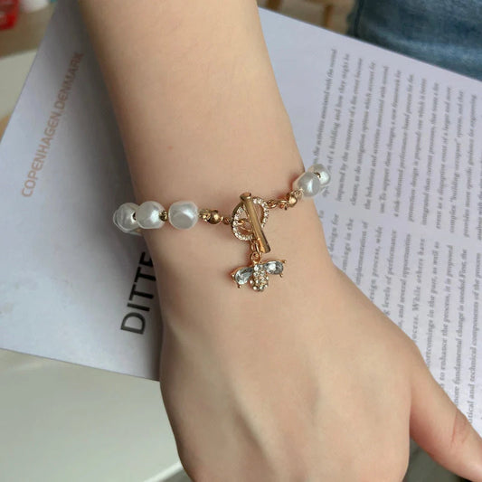 Classic Natural Stone Pearl Pendant Bracelet with insect motif for women
