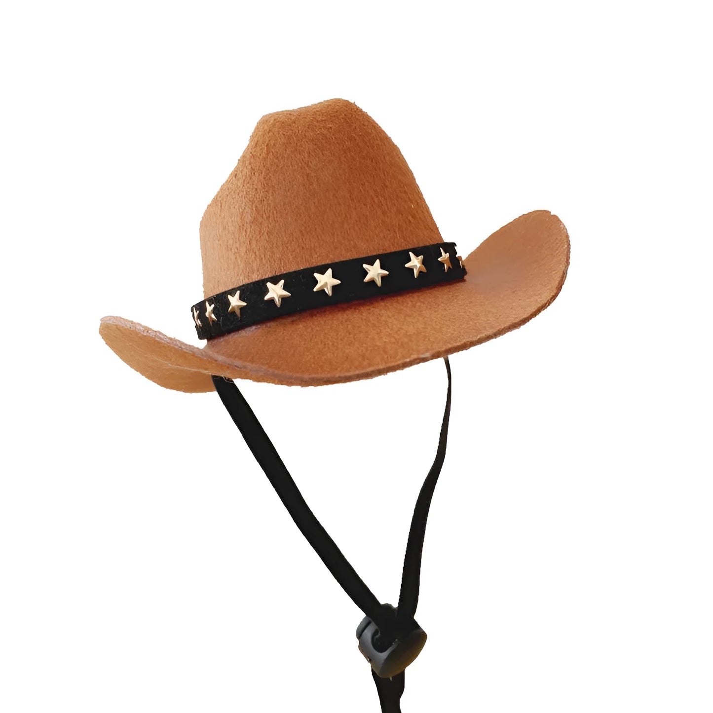 A small black cowboy hat with white stars on a non-slip surface, showing its adjustable strap.
