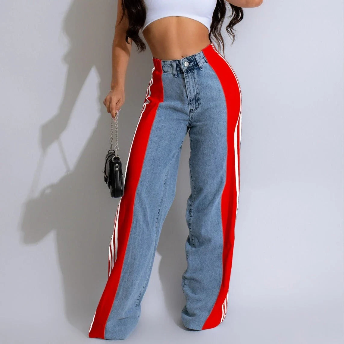 Stylish denim pants with three-stripe patchwork design in various color options