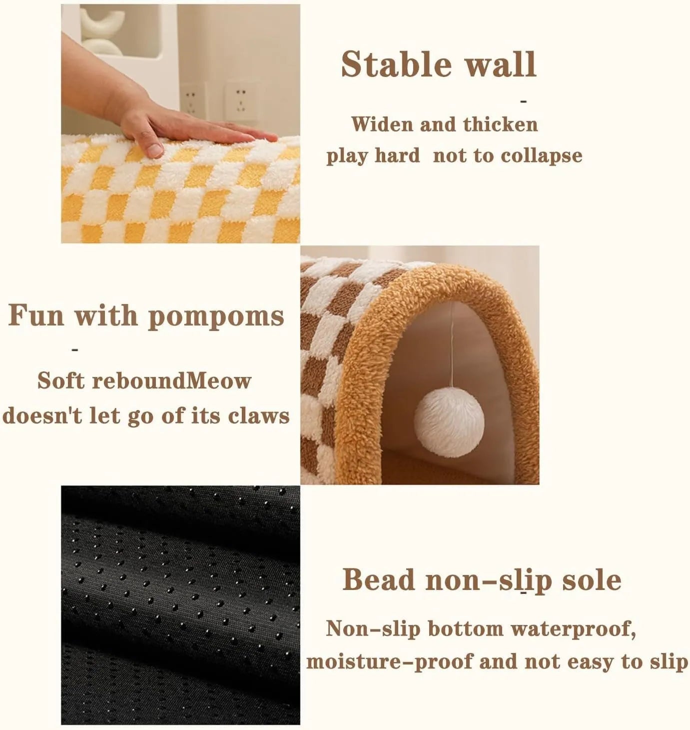 Brown plush plaid cat tunnel bed with central mat showing non-slip bottom and tunnel opening