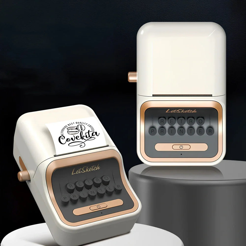 Portable white thermal Bluetooth printer with 40x30mm label roll inserted, dimensions 135x92x60mm