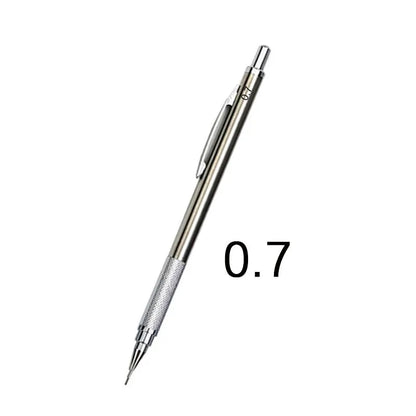 Metal automatic mechanical pencil showing multiple lead diameter options including 0.5 mm, 0.7 mm, 0.9 mm, 1.3 mm, and 2.0 mm