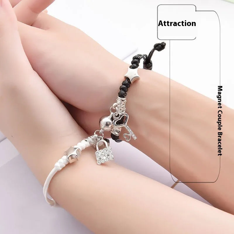 Magnet girlfriends student couple suction bracelet pair electroplated alloy jewellery with design options including clover crown smiley face cross kitten lollipop moon love swan starfish petal and original symbols for unisex wear