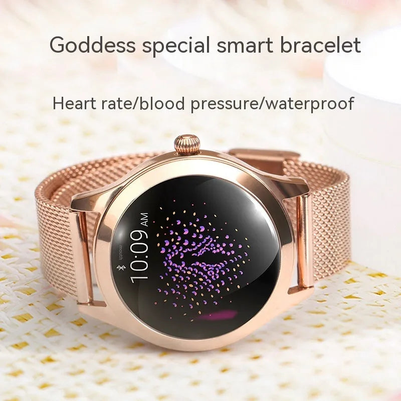 Women's sports smartwatch showing heart rate monitoring and available in black, rose gold, silver, or white colours.
