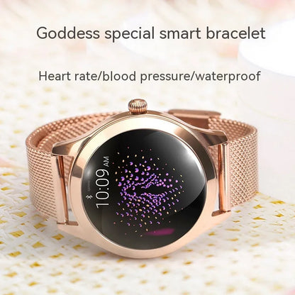 Women's sports smartwatch showing heart rate monitoring and available in black, rose gold, silver, or white colours.