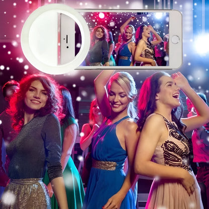Clip-on LED selfie ring light for mobile phones with anti-slip sponge in multiple colours