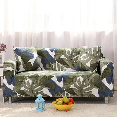 Printed stretchable sofa slipcover with geometric abstraction pattern on a three-seater sofa, showing tight fit and modern design.
