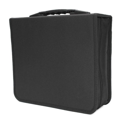 Black Oxford fabric CD and DVD storage organiser case with top carry strap and zipper closed.