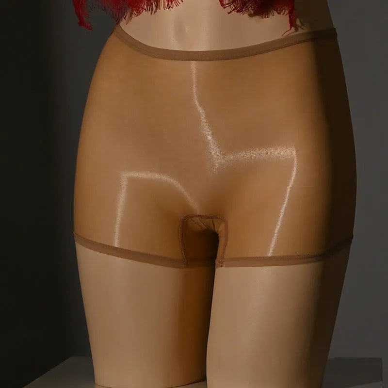 Shiny men's seamless underwear stockings in red, black, grey, white, and skin-tone colours on a mid waist.
