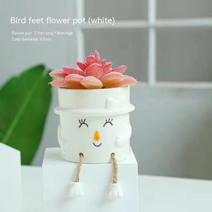 Ceramic hanging foot flowerpot with cartoon design for succulents on desktop