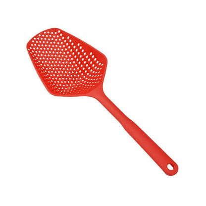 Large black nylon strainer scoop with long handle for draining food from hot pans in the kitchen.