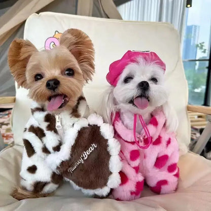 Pink plush warm coat on small dog showing British style design with polyester construction