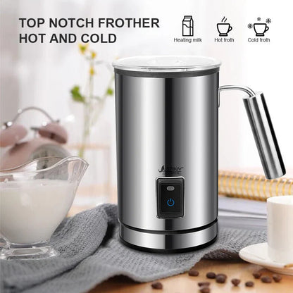 Electric Milk Frother in silver with stainless-steel body for coffee and cappuccino