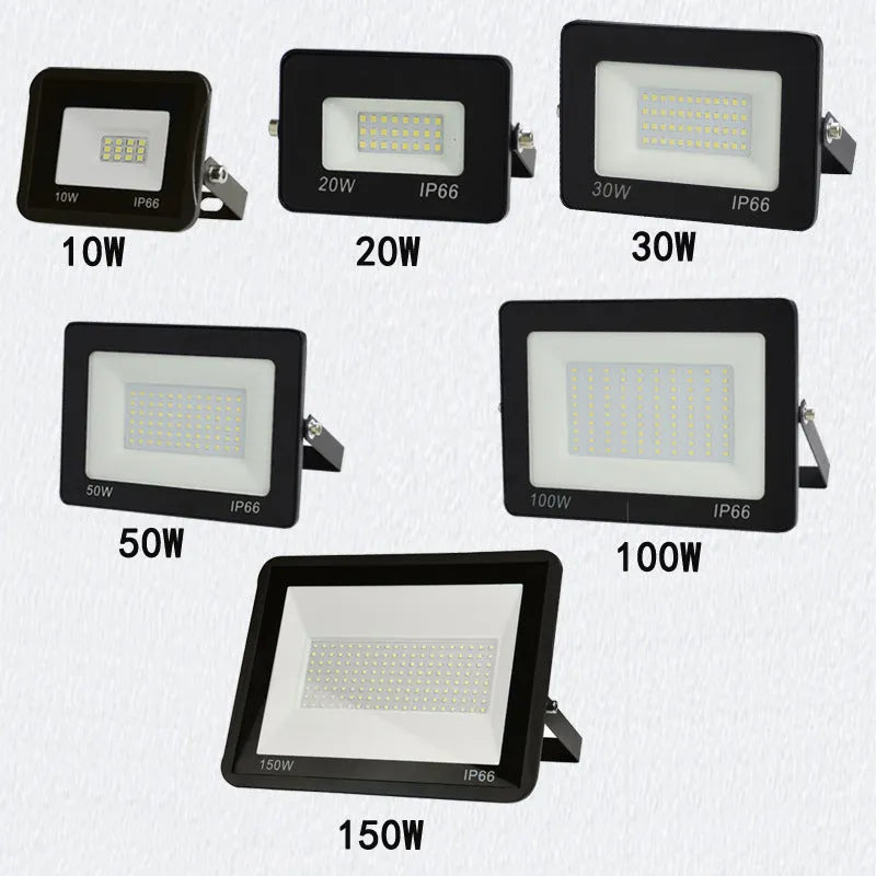 Black LED flood light with aluminium shell and glass cover, IP65 waterproof, 120° beam angle, 10W to 300W, cool white.