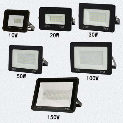 Black LED flood light with aluminium shell and glass cover, IP65 waterproof, 120° beam angle, 10W to 300W, cool white.