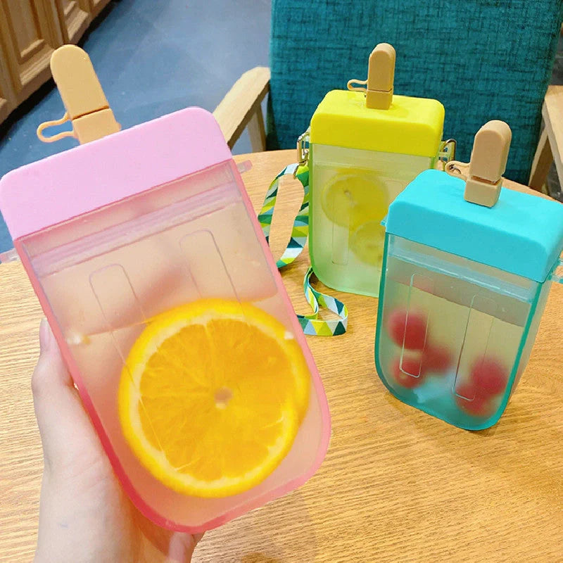 Summer children's water cup with anti-leak straw in pink, blue, yellow, and purple