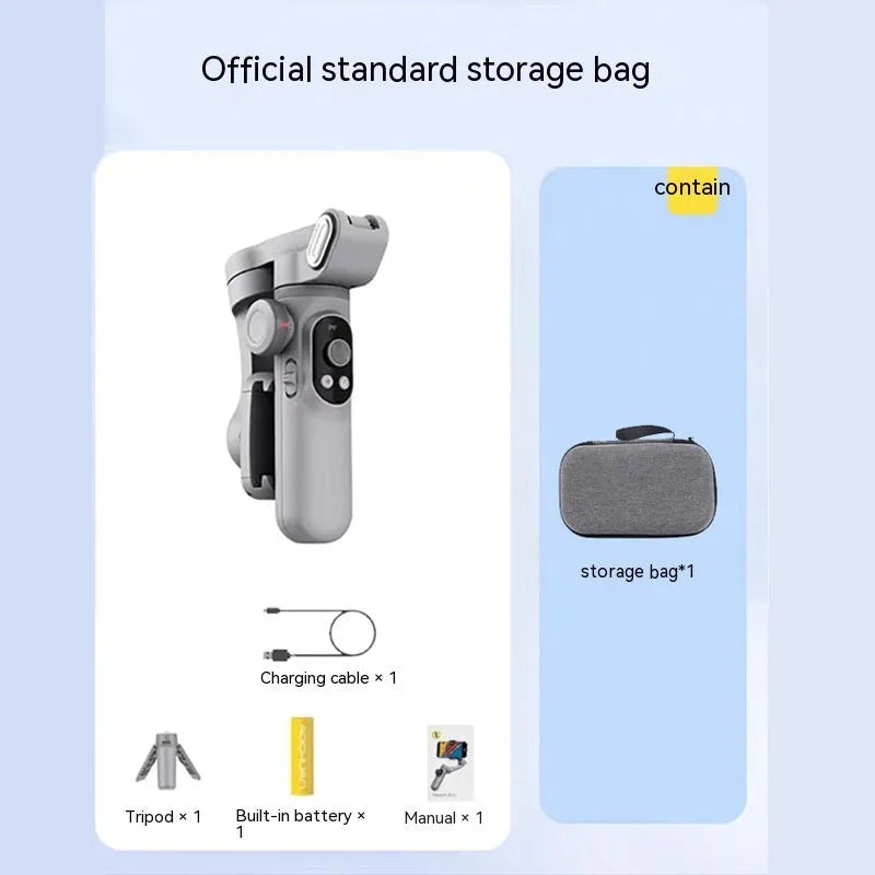 Silver grey Pro Mobile PTZ three-axis smartphone camera stabiliser gimbal with extended arm.