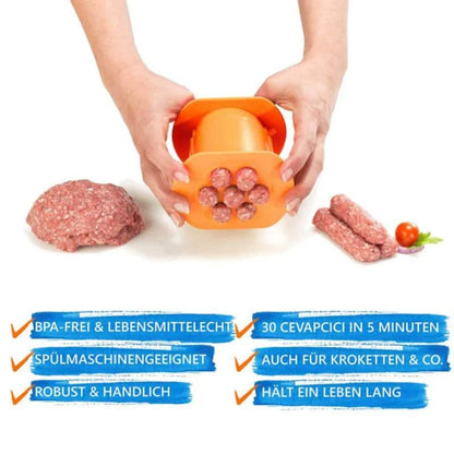 Versatile hot dog maker that can squeeze, stuff, and serve homemade sausages, pasta balls, and other DIY kitchen creations