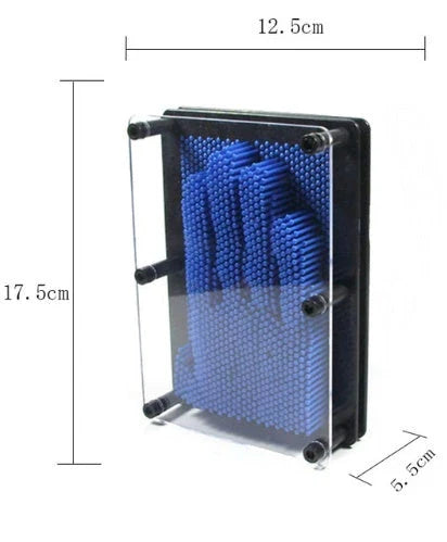 A customizable 3D sculpture impression frame with an array of pins that can capture the contours of any object pressed into it.