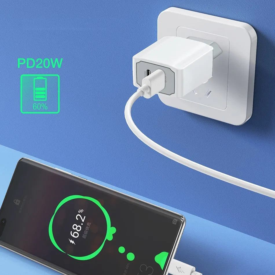 White phone fast charger set with compact charging head and USB cable on a white background.