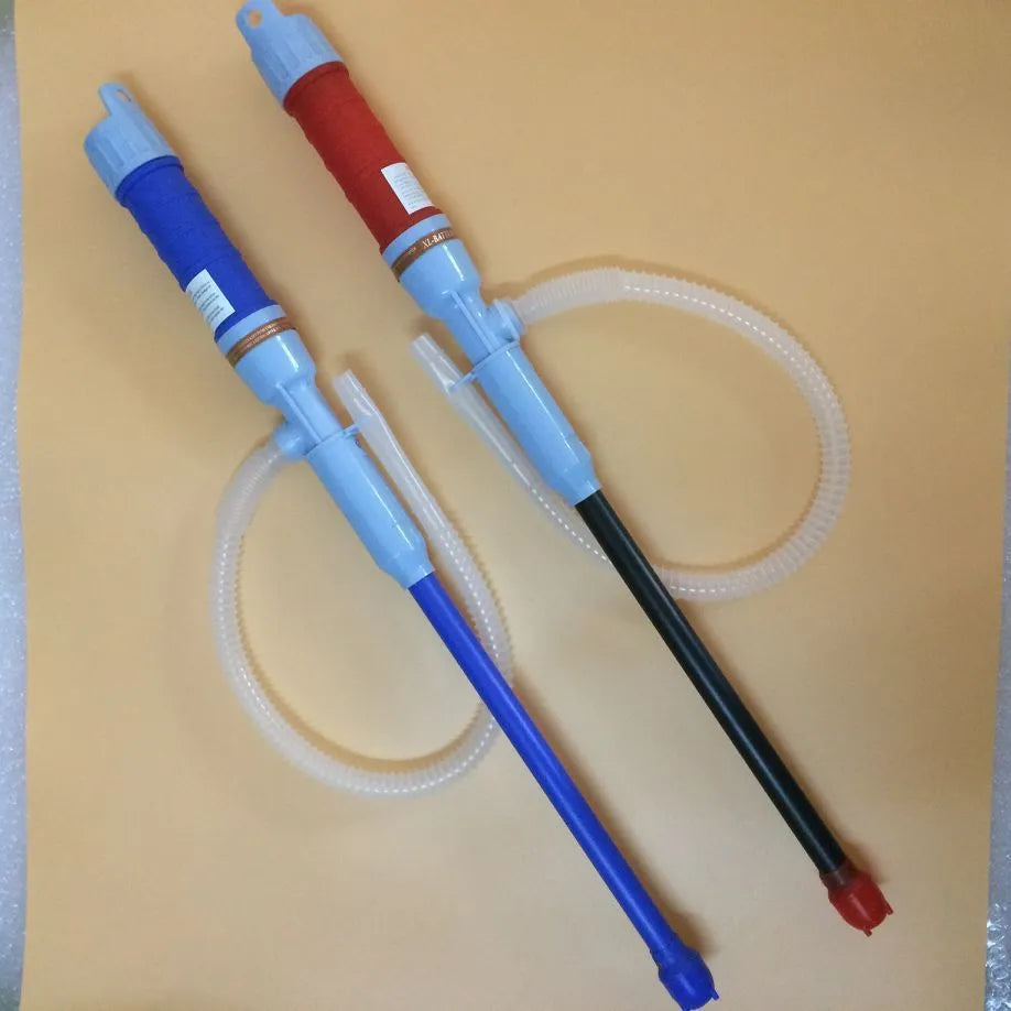 Blue and red manual siphon pump for fuel and liquid transfer