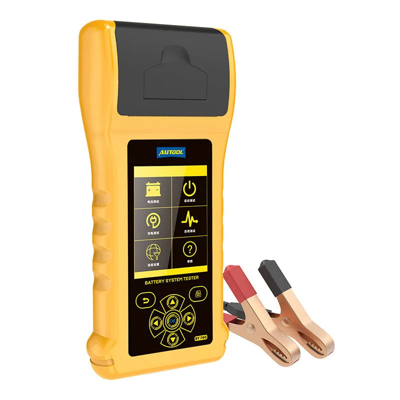 Autool BT760 vehicle battery tester with colour screen, test clips, and printed diagnostic receipt on a workshop bench.