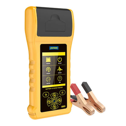 Autool BT760 vehicle battery tester with colour screen, test clips, and printed diagnostic receipt on a workshop bench.