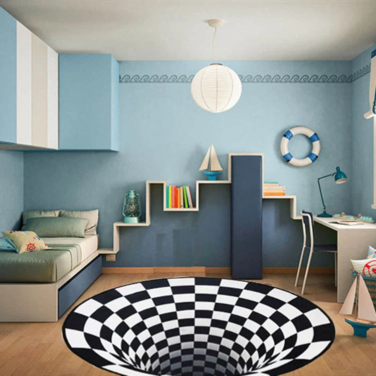 3D geometric round carpet with black and white vortex illusion design