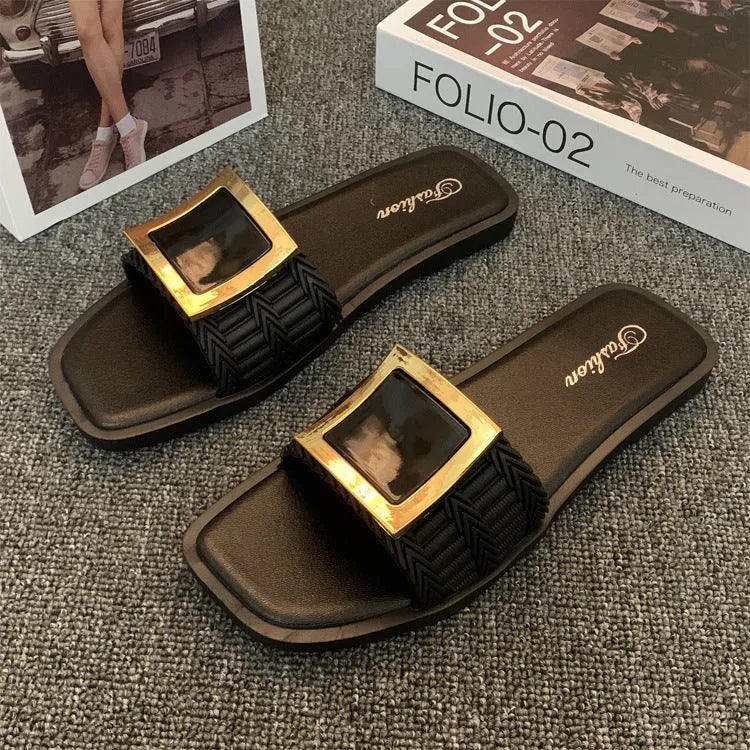 Women's summer flat slippers with PVC sole in apricot, black or khaki colours