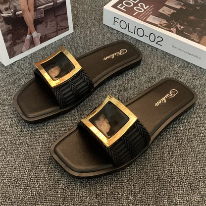 Women's summer flat slippers with PVC sole in apricot, black or khaki colours