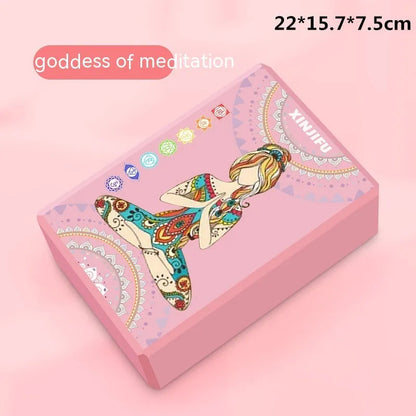 High-density EVA foam yoga block in violet colour, shown next to a pink block with a cartoon bunny print.
