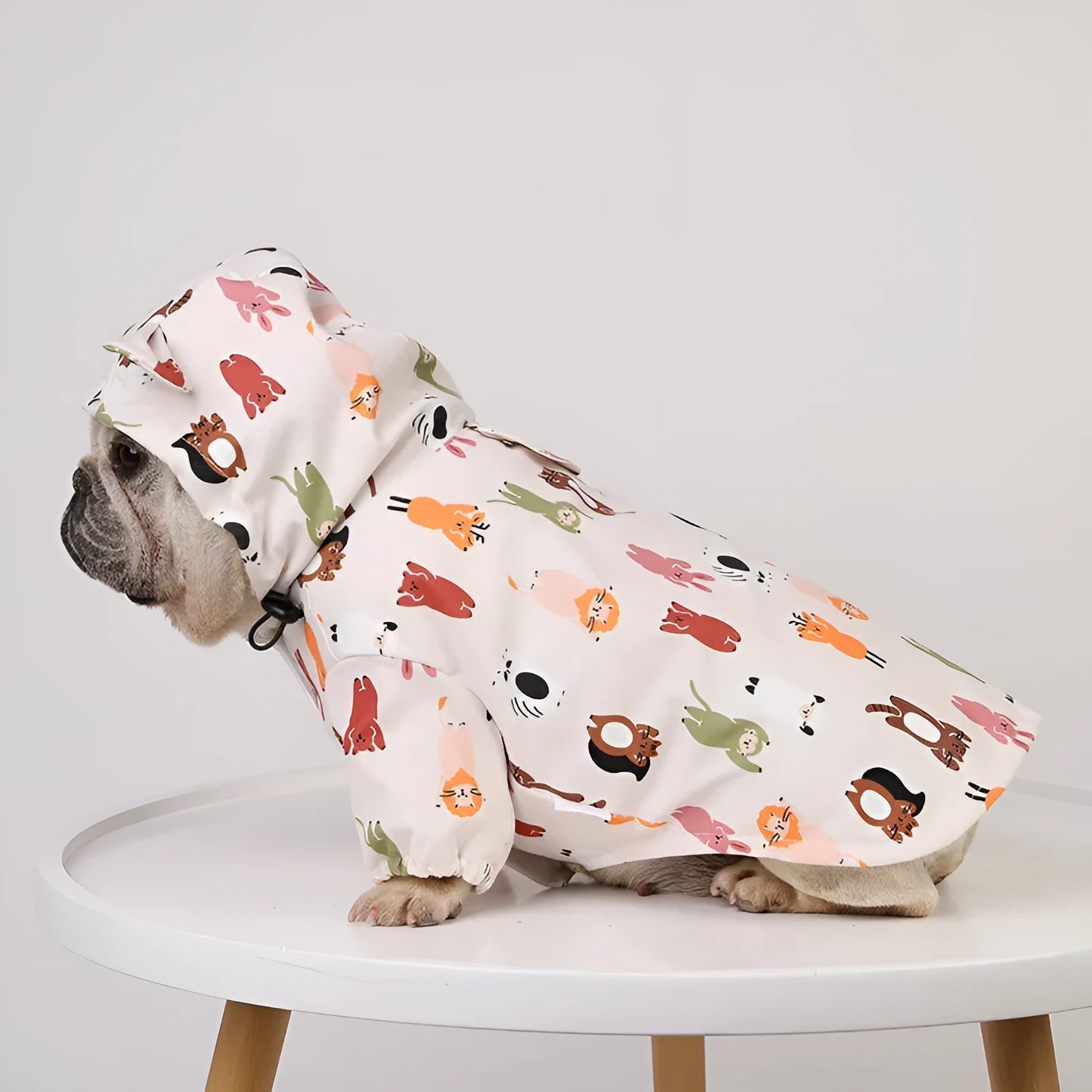 Beige cartoon dog raincoat with double waterproof PU coating in size L for medium dog breeds