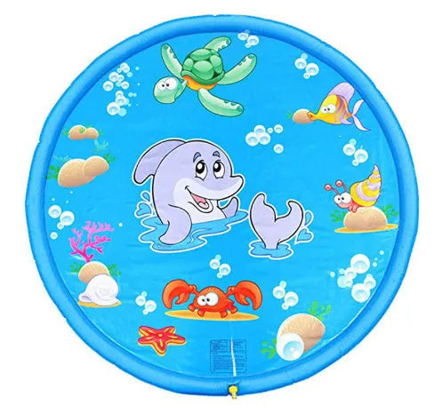Blue PVC children's water spray play mat with marine animal prints measuring 100cm by 170cm