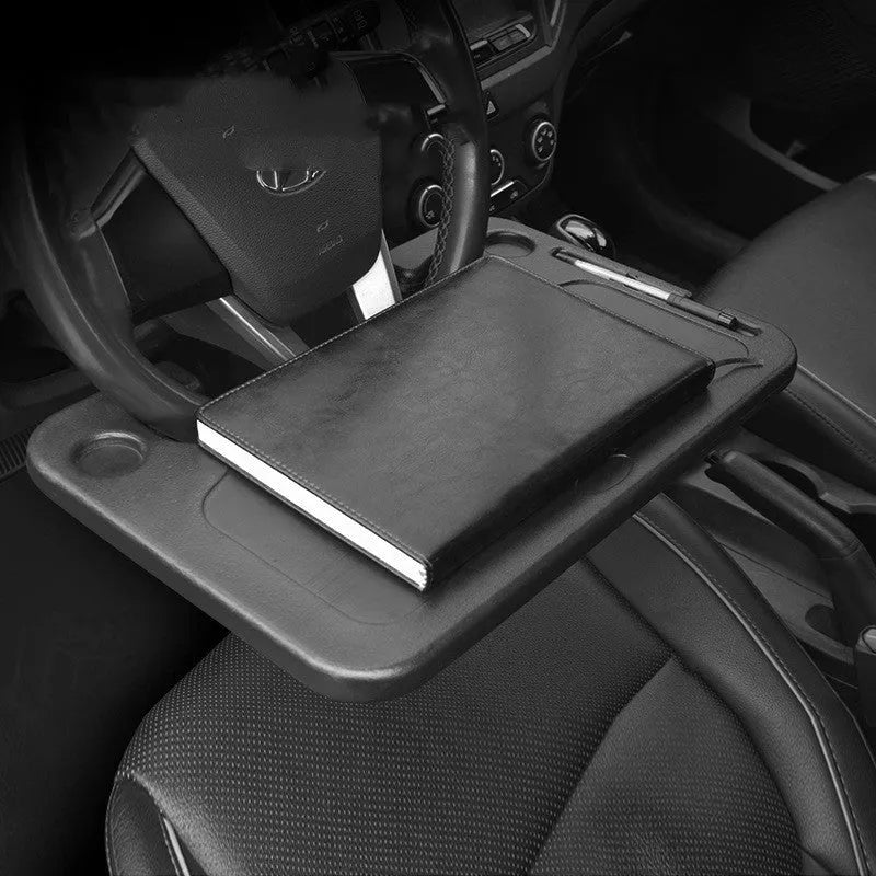 Black plastic car desk tray measuring 42cm by 28cm for vehicle organisation and mobile workspace
