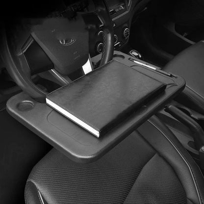 Black plastic car desk tray measuring 42cm by 28cm for vehicle organisation and mobile workspace