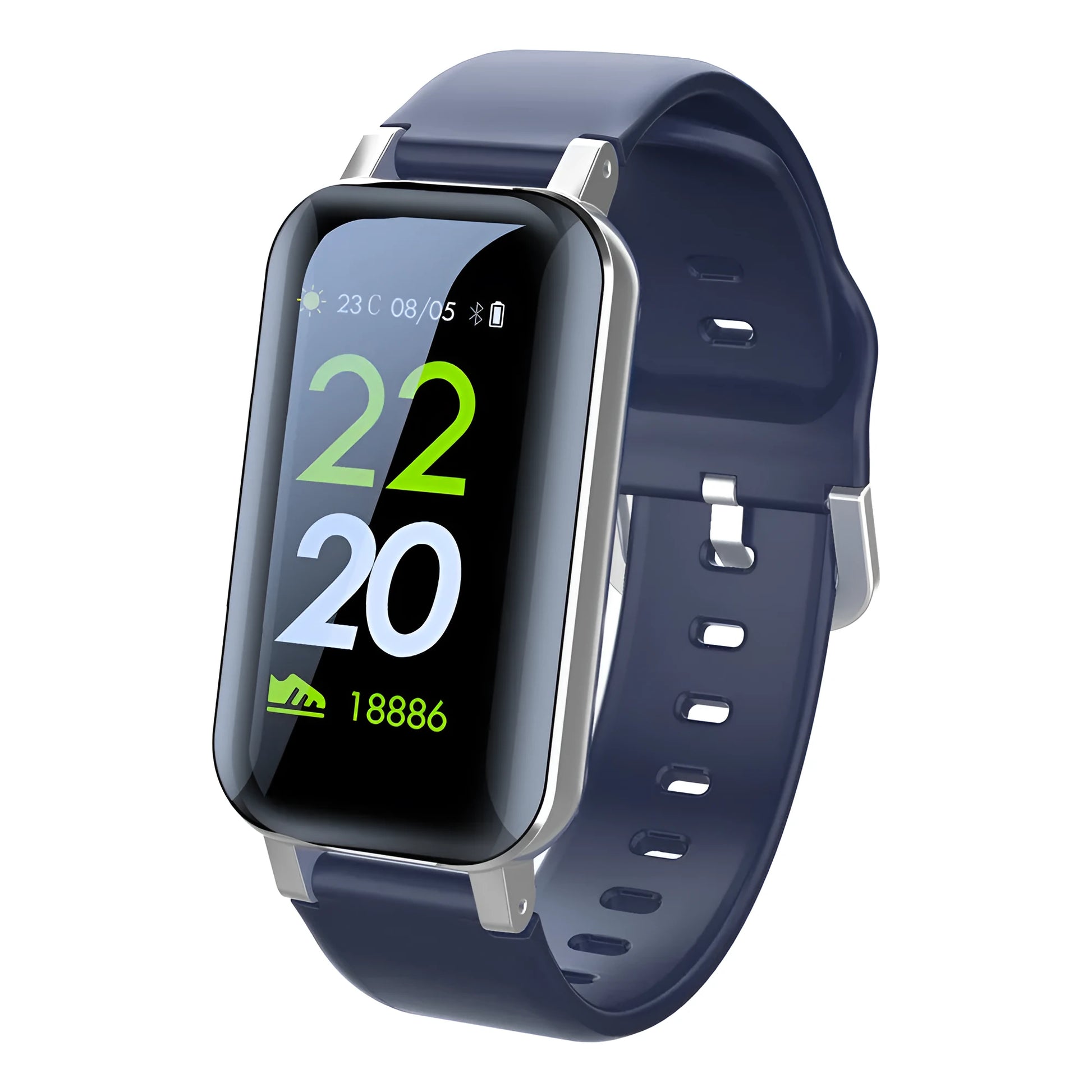 Call Bracelet smart fitness tracker on wrist in black, blue, or coffee colour, showing heart rate monitoring.
