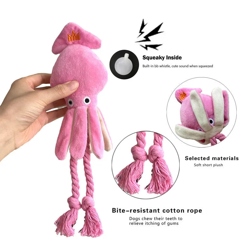 Squid Plush Dog Chew Toy with Squeaky Sound for Small Medium Dogs, Cute Pink Animal Design Made from Non-Toxic Corduroy Fabric, Interactive Rope Toy with BB Whistle for Chewing Fetch Play Pets Supplies