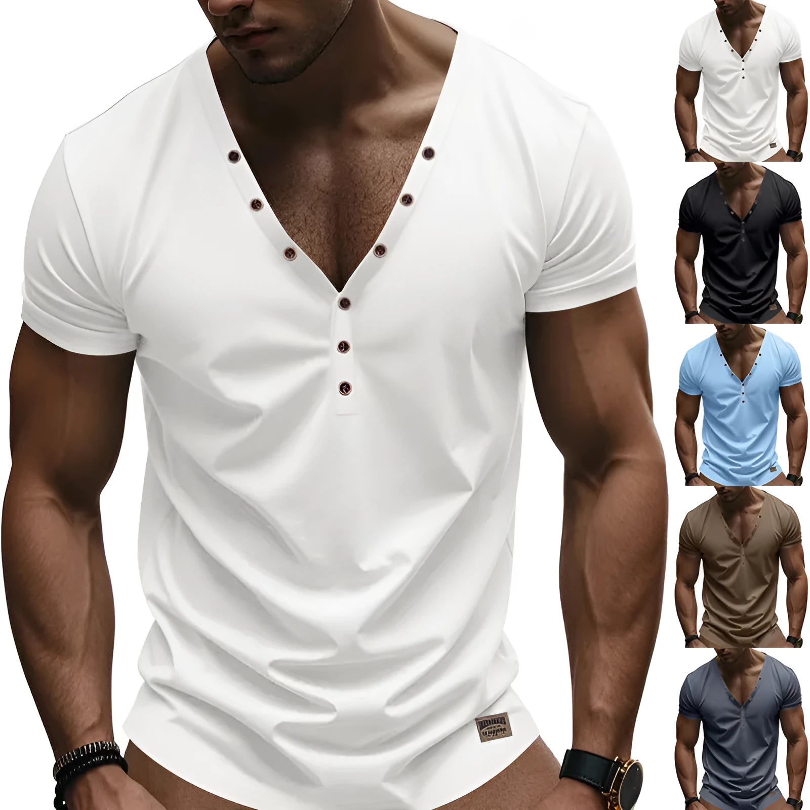 Men's loose V-neck pullover with button detail in a solid colour.