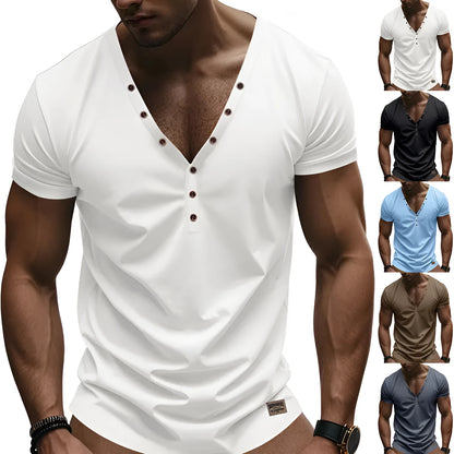 Men's loose V-neck pullover with button detail in a solid colour.