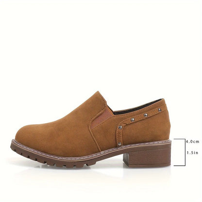 Light brown plus size women's suede ankle boot with low thick heel and elastic band detail.