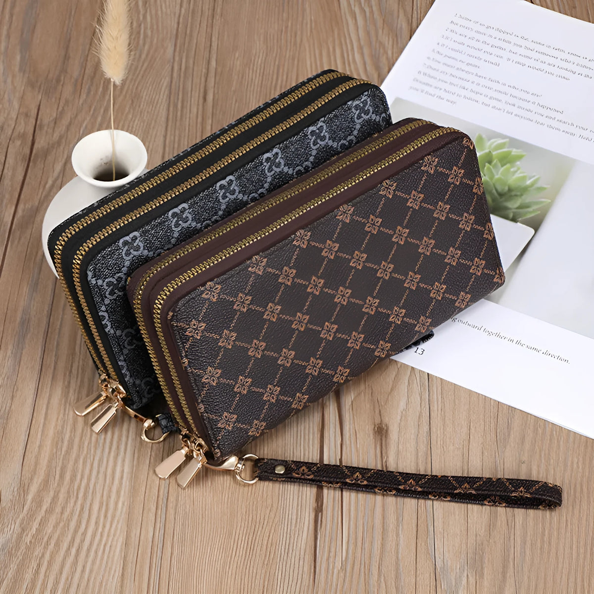 Black European retro style PU leather long wallet clutch open to show mobile phone pocket, coin purse, and zipper compartments